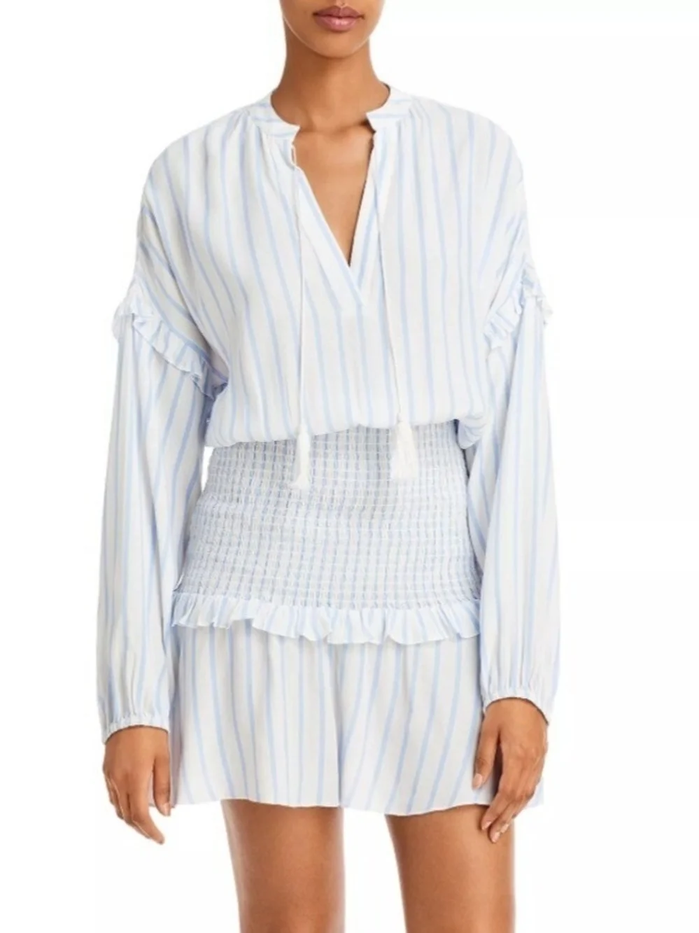 AQUA | Striped Smocked Boho Mini Dress Swim Cover Resort Beachy Blue White | XL - Picture 2 of 8